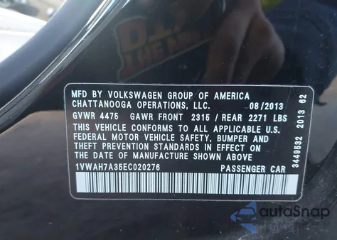 2014 Volkswagen Passat 2.5L Wolfsburg Edition from USA, damaged, VIN 1VWAH7A35EC020276